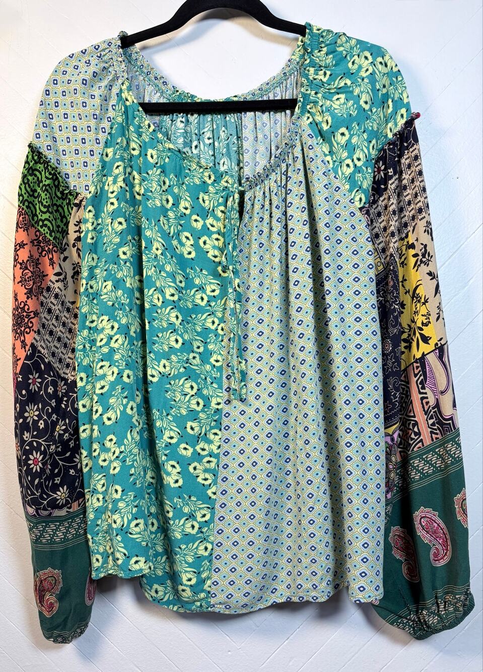 Patchwork Boho Peasant Blouse Long Sleeve Loose Fit Festival Women's Large